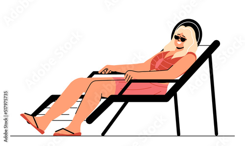 Summer vacation concept. Beautiful girl resting and relaxing on beach by sea. Woman in swimsuit lies on beach chair and sunbathes. Travel and tourism. Cartoon flat vector illustration in doodle style