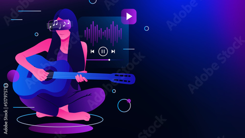 Playing Music in Metaverse Reality. Girl with Guitar in VR Goggles. Vector illustration