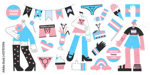 Transgenders mtf and ftm with trans symbols and colors. Genderqueer and crossdressers rights concept. LGBTQ+ equality and pride vector flat illustration set. Social and medical transition. photo