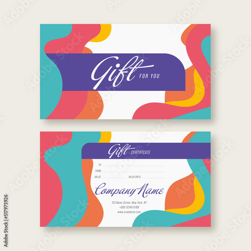 Abstract gift voucher card template. Modern discount coupon or certificate layout with geometric shape pattern. Vector illustration fashion bright background design in minimalistic style. 