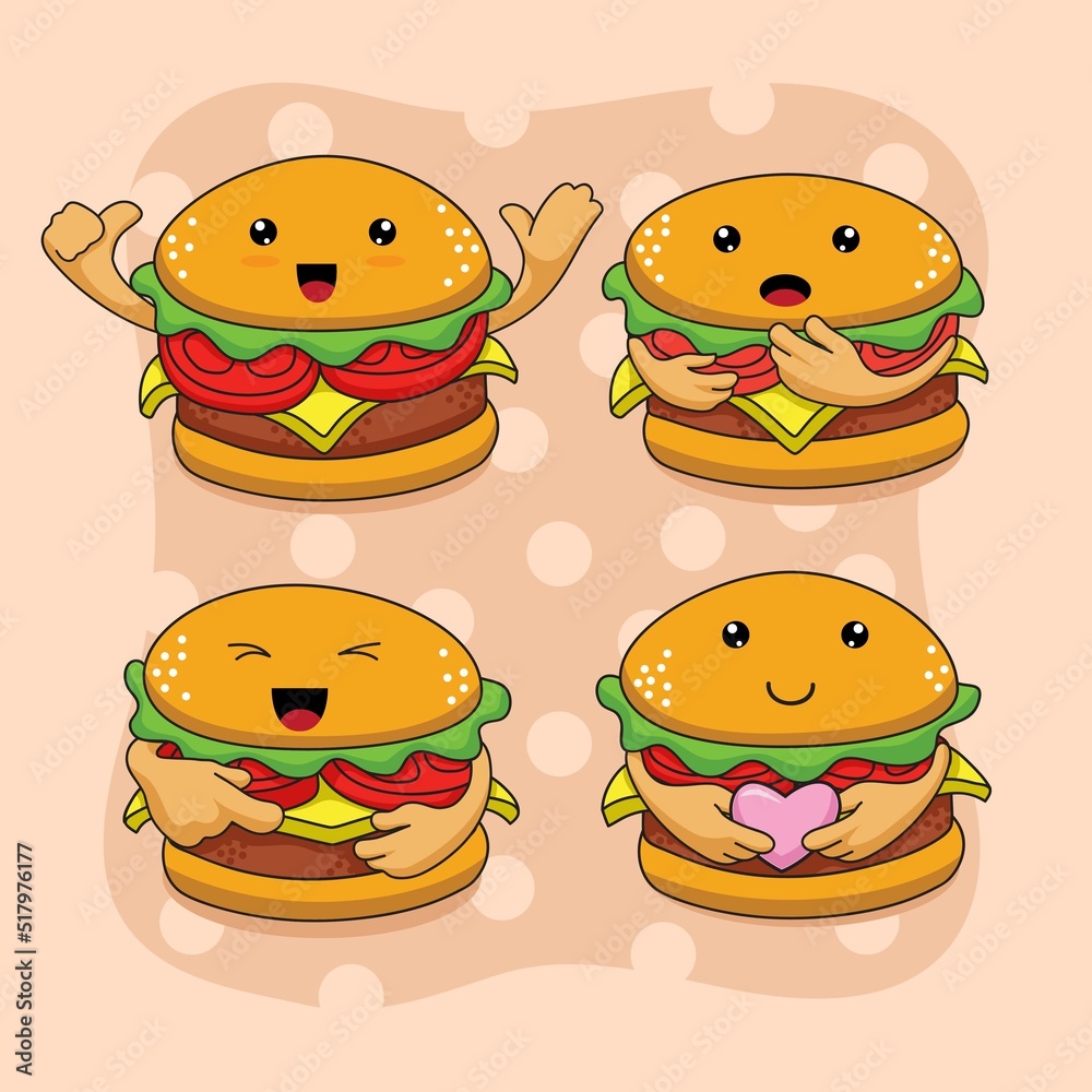 4 Burger Mascot Emoticon Vector Set Design 4 Burger Mascot Emoticon Vector Set Design