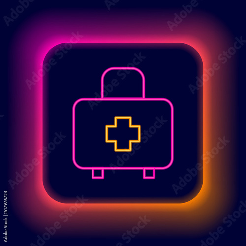 Glowing neon line First aid kit icon isolated on black background. Medical box with cross. Medical equipment for emergency. Healthcare concept. Colorful outline concept. Vector