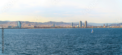 Canvas Print Panoramic view from the sea of the skyline of Barcelona, Spain.
