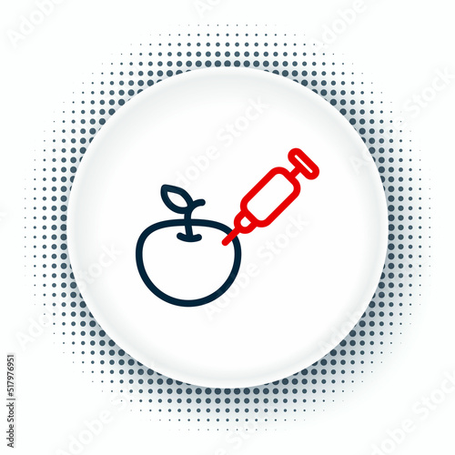 Line Genetically modified apple icon isolated on white background. GMO fruit. Syringe being injected to apple. Colorful outline concept. Vector