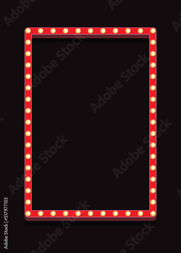 Vector retro lightbox frame template realistic style with lightbulb isolated on black background for party poster, banner advertising, promotion and sale billboard, cinema, bar show. 10 eps
