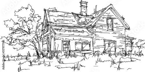hand drawn architectural sketch of beautiful old classic detached village house with garden  and trees and lots of weed