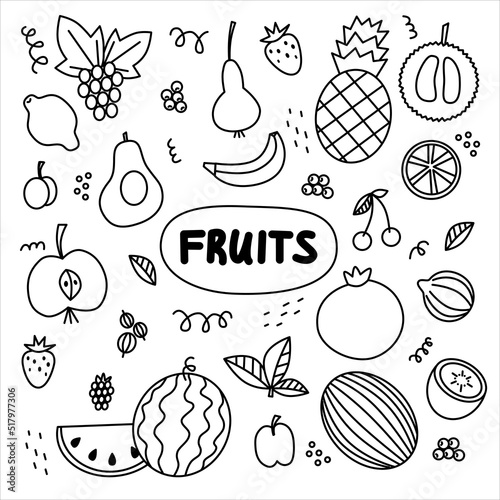 Doodles. Vegetarian food. Set of fruits: pineapple, grapes, pear, apple, pomegranate, lemon, watermelon, mint, cherry, strawberry, kiwi, plum, banana, orange, raspberry, avocado, apricot, fig, etc.