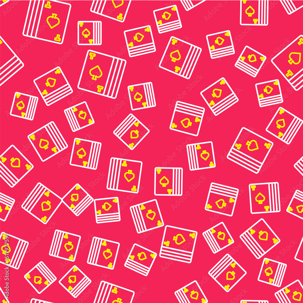 Line Deck of playing cards icon isolated seamless pattern on red background. Casino gambling. Vector