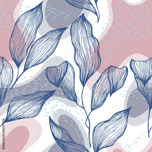 Sketch style doodle line texture leaves over stains and dots seamless vector ...