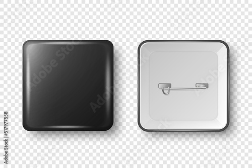 Vector 3d Realistic Square Black Metal, Plastic Blank Empty Button Badge Icon Isolated. Button Pin Badge. Glossy Brooch Pin. Top View - Front and Back Side. Template for Branding, Mock-up