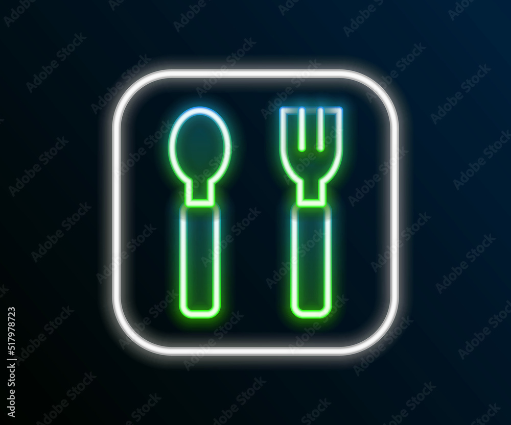 Glowing neon line Fork and spoon icon isolated on black background. Cooking utensil. Cutlery sign. Colorful outline concept. Vector Glowing neon line Fork and spoon icon isolated on black background. Cooking utensil. Cutlery sign. Colorful outline concept. Vector