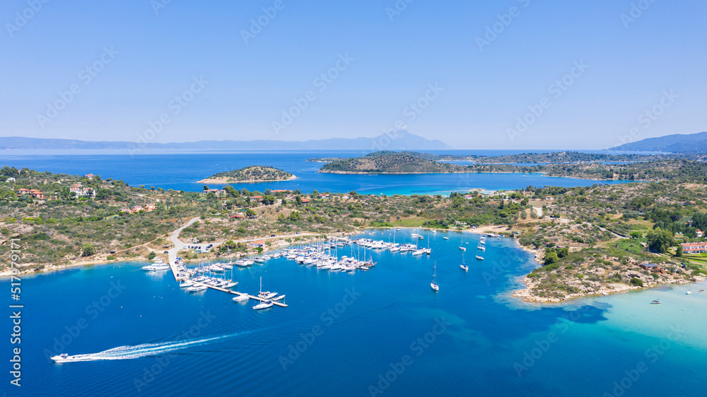 Aerial view of the idyllic seascape on the Sithonia peninsula in Halkidiki.
