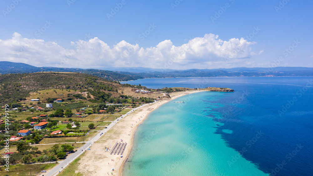 Aerial view of the idyllic seascape on the Sithonia peninsula in Halkidiki.