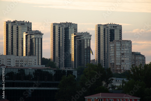 Cityscape on the banks of the Dnieper River  skyscrapers on the banks of the river in Ukraine 2022
