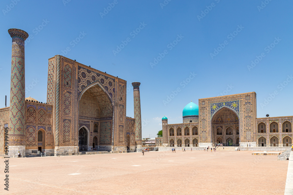 SAMARQAND, UZBEKISTAN - JUNE 09, 2022: View of Registan square in Samarkand - the main square with Ulugbek madrasah, Sherdor madrasah and Tillya-Kari madrasah