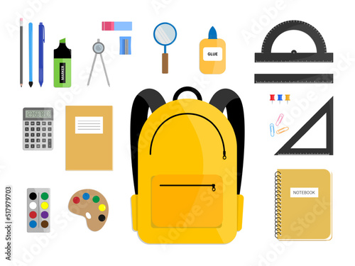 Collection of the school tools isolated on white background. Flat lay of the backpack and stationery.