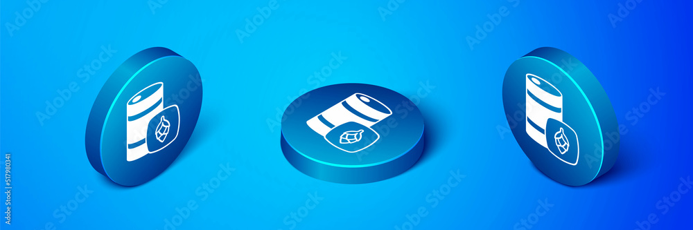 Isometric Metal beer keg icon isolated on blue background. Blue circle button. Vector Isometric Metal beer keg icon isolated on blue background. Blue circle button. Vector