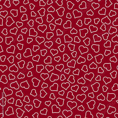 Seamless random tossed open white hearts on red background