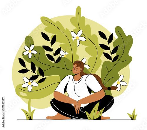 Meditation practice concept. Happy girl sitting cross legged doing yoga or meditation in nature or outdoors. Harmony, tranquility and mental health. Cartoon flat vector illustration in doodle style