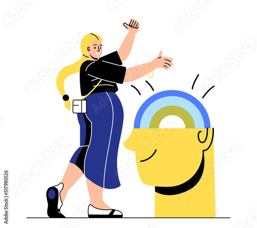 Mental health concept. Girl with rainbow in her head shows thumbs up gesture. Metaphor for positive thinking, happiness and psychological stability. Cartoon flat vector illustration in doodle style