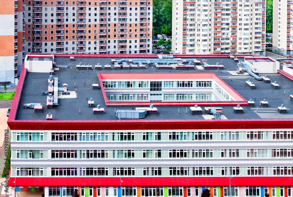 Image showcasing School building exterior modern apartment building mixed-use urban ...