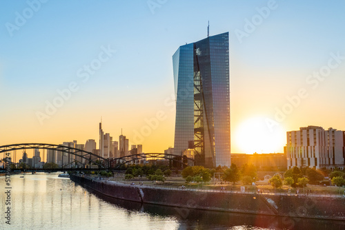 Europäische Zentralbank mit Frankfurter Skyline im Sonnenuntergang
