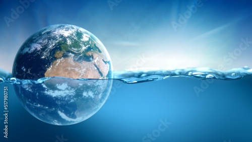 Planet earth submerged and floating in water. Concept 3D illustration of global warming and rising sea level in climate change due to man-made carbon emissions. Blue ocean Background and sinking globe photo