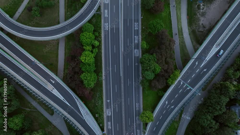 Aerial drone top view of highway multilevel junction in urban populated area, Warsaw, Poland Aerial drone top view of highway multilevel junction in urban populated area, Warsaw, Poland