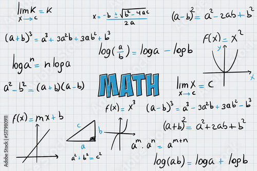 Math exercises, formulas and equations for calculus, algebra with grid sheet background
