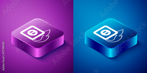Isometric Electric wiring of socket in fire icon isolated on blue and purple background. Electrical safety concept. Plug outlet on fire. Square button. Vector