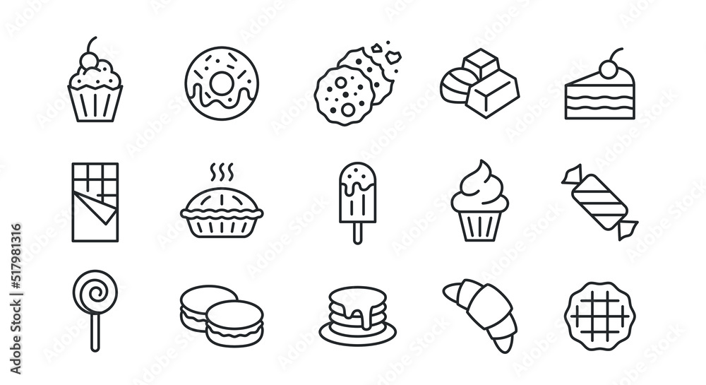 Sweets icons. Set of 15 sweets trendy minimal icons. Ice cream, candies, cakes, etc. Design signs for cafe, restaurant menu, web page, mobile app, logo, banner, packaging design. Vector illustration