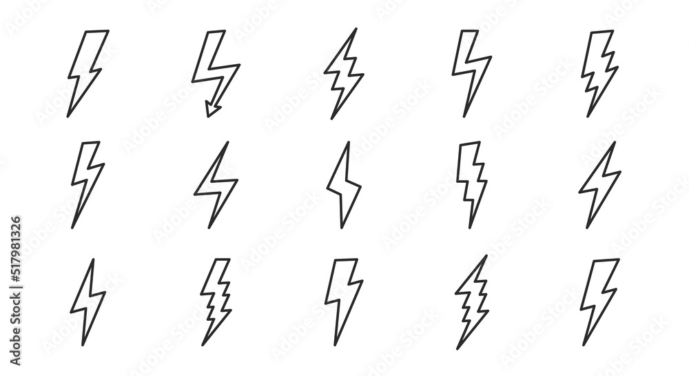 Set of 15 Lightning flat icons. Lined thunderbolts icons isolated on white background. Vector illustration Set of 15 Lightning flat icons. Lined thunderbolts icons isolated on white background. Vector illustration