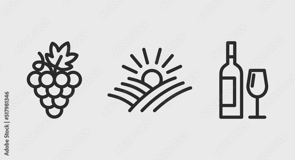 Wine icons. Cluster of grapes, sunset, wine bottle and glass icons isolated on grey background. Icons for web design, app interface. Vector illustration Wine icons. Cluster of grapes, sunset, wine bottle and glass icons isolated on grey background. Icons for web design, app interface. Vector illustration