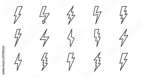 Set of 15 Lightning flat icons. Lined thunderbolts icons isolated on white background. Vector illustration