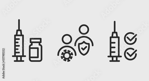 Vaccine set. Syringe and medical bottle, vaccinated and infected, syringe and checkmarks icons isolated on grey background.  Icons for web design, app interface. Vector illustration