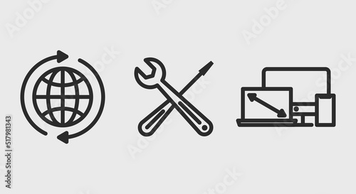 Webmaster icons set. Global network, settings and cross platform icons isolated on grey background. Icons for web design, app interface. Vector illustration