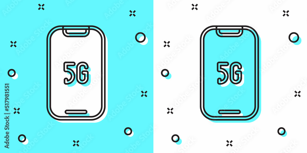 Black line Mobile with 5G new wireless internet wifi icon isolated on green and white background. Global network high speed connection data rate technology. Random dynamic shapes. Vector Black line Mobile with 5G new wireless internet wifi icon isolated on green and white background. Global network high speed connection data rate technology. Random dynamic shapes. Vector