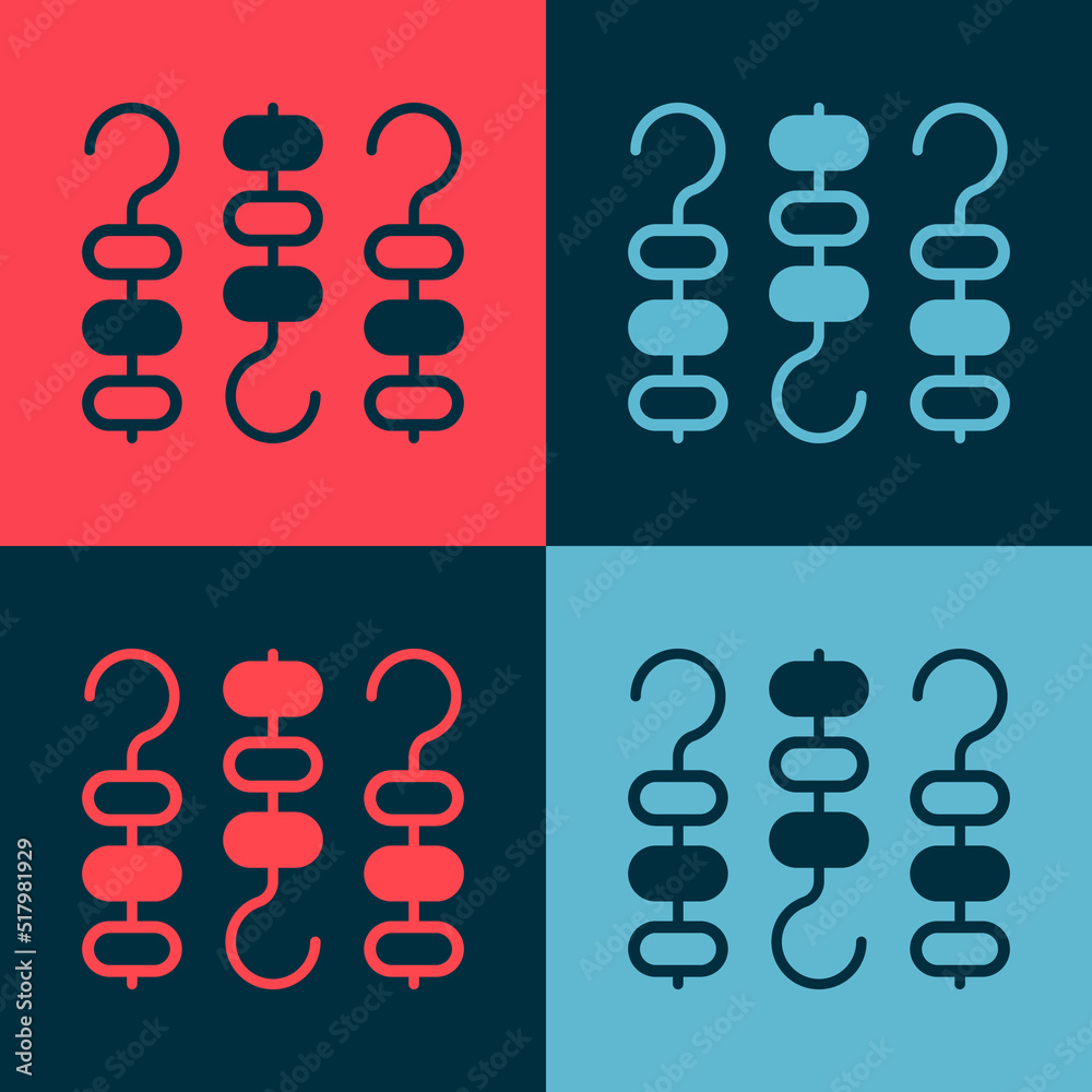 Pop art Grilled shish kebab on skewer stick icon isolated on color background. Meat kebab on skewer stick. Picnic with grilled meat. Vector Pop art Grilled shish kebab on skewer stick icon isolated on color background. Meat kebab on skewer stick. Picnic with grilled meat. Vector