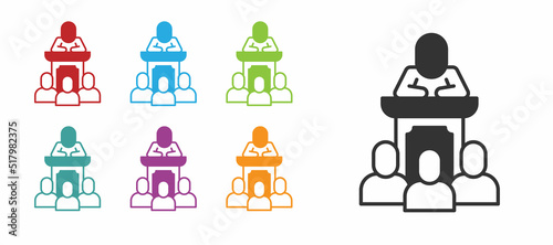 Black Auction auctioneer sells icon isolated on white background. Auction business, bid and sale. Set icons colorful. Vector