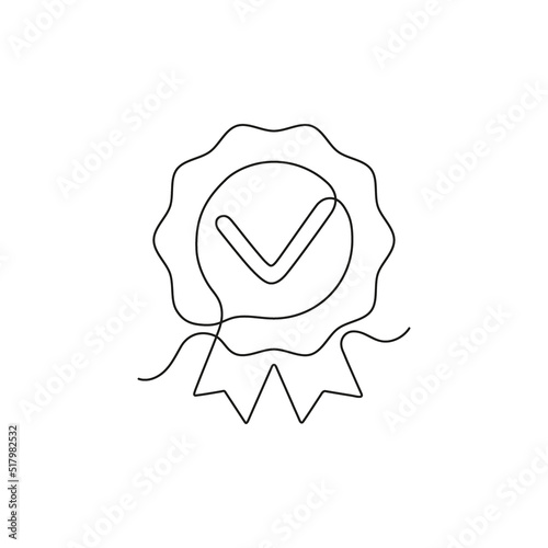 Quality and compliance, award to winner, continuous one art line drawing. Assurance sign, premium level, product warranty. Rosette ribbon with tick. One stroke sketch outline draw. Vector outline