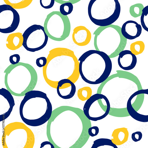Prints colors of Brazil, green, yellow and blue circles. Seamless pattern. Carnival celebration, confetti. National party, football and samba. Freehand illustration. Cup vector.