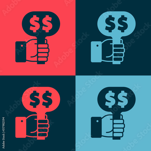 Pop art Hand holding auction paddle icon isolated on color background. Bidding concept. Auction competition. Hands rising signs with BID inscriptions. Vector