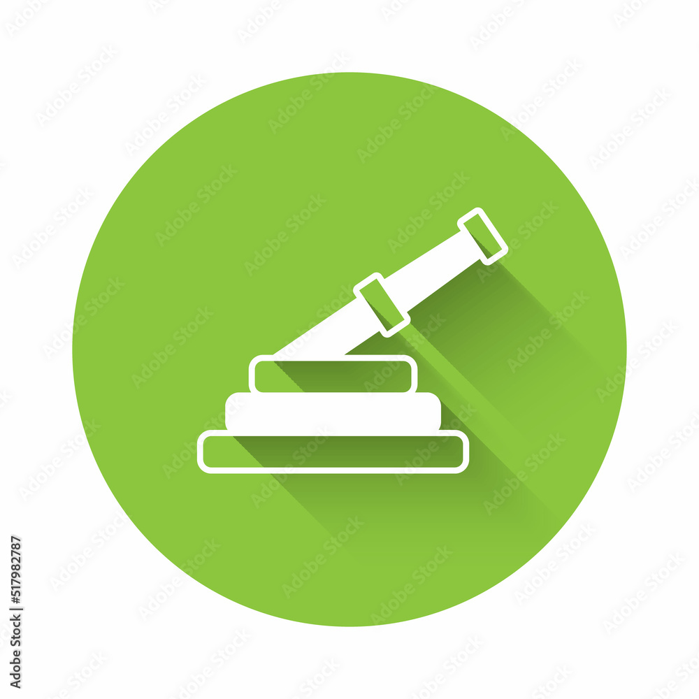 White Fire hose reel icon isolated with long shadow background. Green circle button. Vector White Fire hose reel icon isolated with long shadow background. Green circle button. Vector