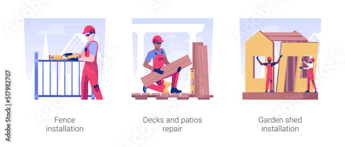 Landscape works in private house building isolated concept vector illustration set. Fence installation, decks and patios repair, garden shed assembling, backyard maintenance vector cartoon.