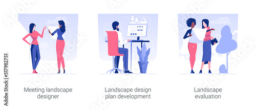 Landscape design in private house construction isolated concept vector illustration set. Meeting landscape designer  outdoor design project development  landscaping architect vector cartoon.