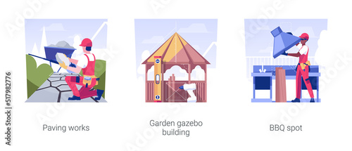 Small architectural forms installation isolated concept vector illustration set. Paving works, garden gazebo building, BBQ spot in the backyard, lay footpath, exterior works vector cartoon.