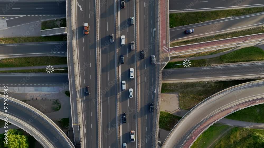 Aerial drone top view of highway multilevel junction in urban populated area, Warsaw, Poland Aerial drone top view of highway multilevel junction in urban populated area, Warsaw, Poland