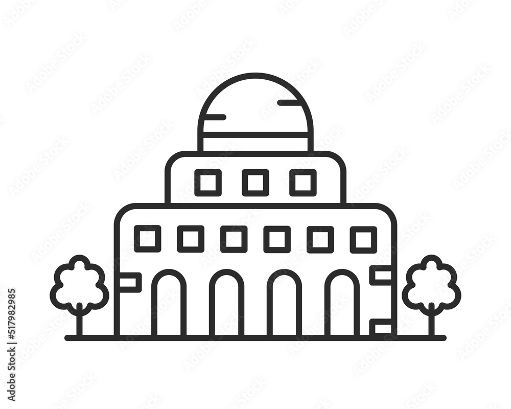 Urban building with dome icon. Lined building with spheric dome for app and web design. Observatory, mosque, administrative building. Vector illustration