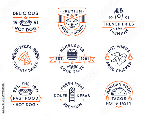 Fast food logos, labels, icons. Collection of 9 fast food logotypes designed for food establishments. Pizza, fried chicken, hot dog, kebab, burgers, kebab and tacos logos. Vector illustration. 