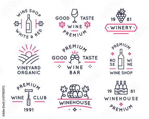 Set of Wine logos. 6 trendy logos for wine stores, shops, wine houses, bars, wineries and vineyards. Icons with wine bottle, glass, grape, cask and corkscrew. Vector illustration